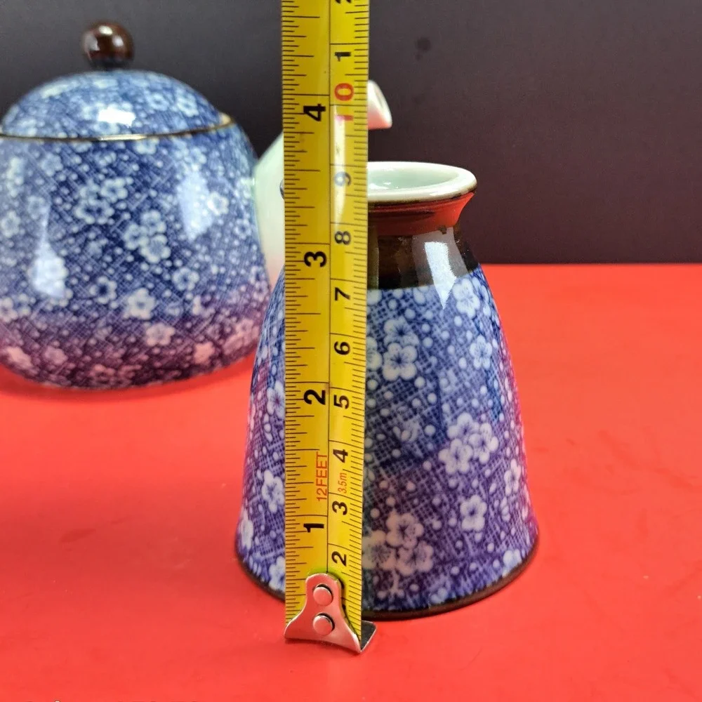 Vintage Tachikichi Japanese Tea Set 6 Pc Blue Calico Floral Teapot Cups EX